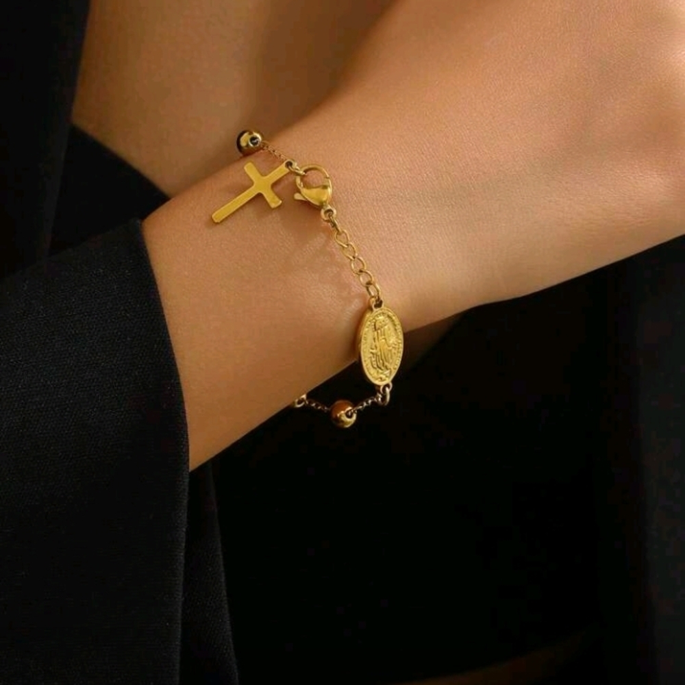 NEW! 18K Gold Plated Cross & Religious Medal Charms Beaded Bracelet